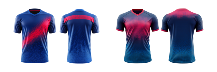 Blue and red jersey template for team clubs, jersey sport, front and back isolated on a transparent background, cut out, png, T-shirt mockup sports jersey template design