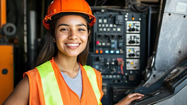 Young female worker in safety gear operating machinery in workshop setting during daylight