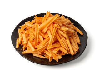 Fried chips sticks isolated, finger potato chips, golden shoestring fries pile, French fries