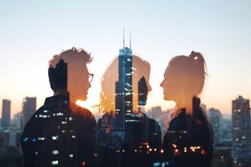 Obraz na płótnie Canvas Silhouetted coworkers look at city buildings during sunset for website banner