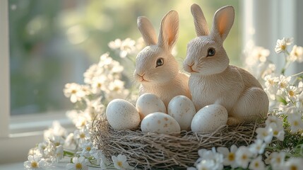 Obraz premium Easter table setting with bunny figurines and pastel eggs in a nest, delicate floral decorations and soft lighting against a white background. Charming and elegant Easter theme. 