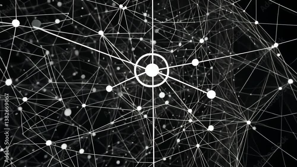 Poster exploring intricate network patterns that illustrate data connections and interactions within modern