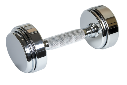 Shiny chrome dumbbell for fitness training and workout routine to build strength and muscle definition