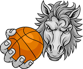 Horse mustang bronco stallion basketball angry sports team mascot holding a ball.