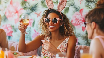 A stylish woman in bunny ears making a toast with coworkers during an Easter brunch