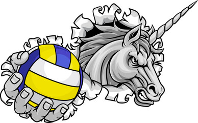 Unicorn horse stallion angry volleyball sports team mascot holding a ball.