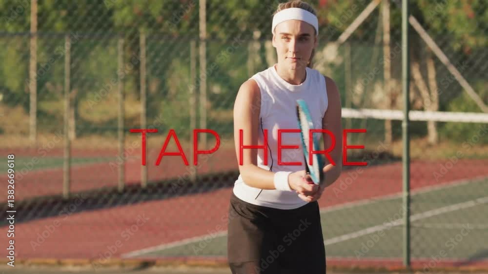 Poster preparing to serve, tennis player with animation text overlay in action