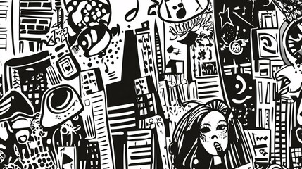 A Black And White Illustration Of City Life And Imagery