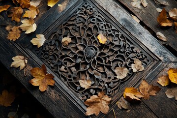 Ornate wood carving with autumn leaves scattered on the surface.