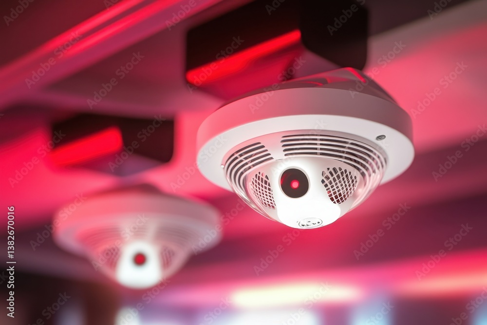 Poster ceiling mounted smoke detectors with red indicator lights in a modern building
