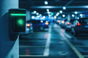 Obraz premium Electric vehicle charging station in a modern underground parking garage, glowing green.