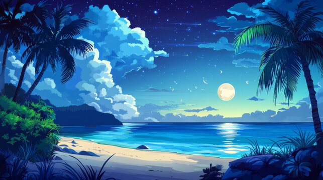 Tropical landscape with sea bay at night. . Vector cartoon illustration of summer seascape with lagoon or harbor, palm trees silhouettes on shore, moon and clouds in dark sky