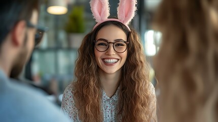 A young professional in bunny ears smiling while discussing a project with a colleague