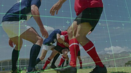 On field, football players with digital grid overlay for match analysis animation - Powered by Adobe