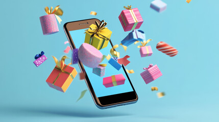 Mobile phone with gift boxes and coupons flying out of screen. Big shopping sale promotion, consumers app. Fortune, bonus for store clients, smartphone with presents, Cartoon vector illustration