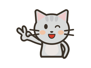 笑顔でピースをするかわいいねこちゃんの上半身イラスト