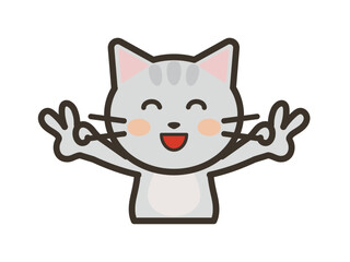 満面の笑顔でダブルピースをするかわいいねこちゃんの上半身イラスト
