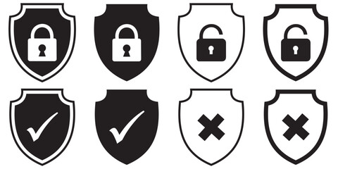 A set of minimalist security shield icons featuring check marks  of vector illustration  