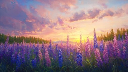 A vibrant sunset over a field of blooming lupines, creating a serene and picturesque landscape.