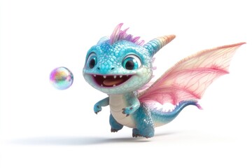 A cute, baby dragon with pastel-colored wings playfully watches an iridescent bubble.