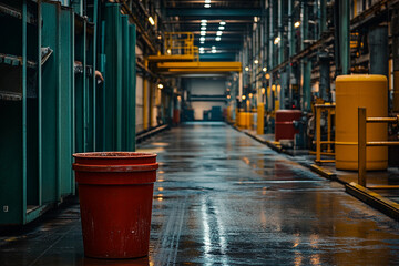 Chemical containers scattered across a factory floor creating potential hazards in the workspace