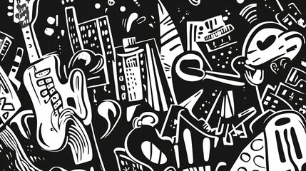 A stylized black and white image depicts musical city elements