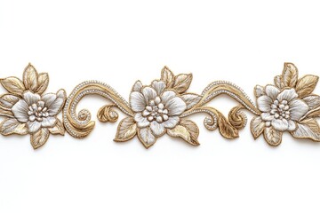 Fototapeta premium Elegant gold and silver embroidered floral border, perfect for embellishing garments or home decor.
