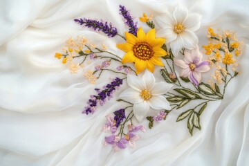 Obraz premium Delicate floral embroidery on white fabric showcasing sunflowers, lavender, and other blossoms.