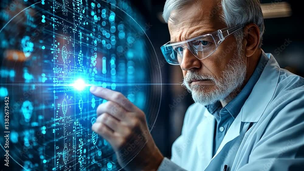 Poster senior scientist in laboratory analyzing data with innovative technology for advanced research and a