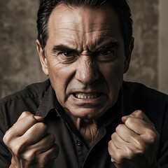 A man's face contorted in furious anger, fists clenched tight, conveying raw emotion and inner turmoil in a darkly lit, close-up portrait.