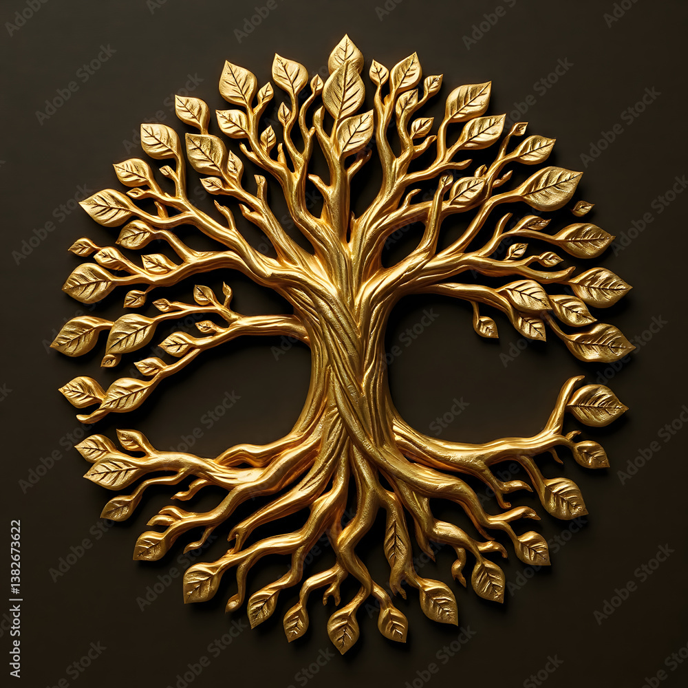 Fototapete a digital illustration of a tree of life symbol, a root within a circle, rendered in layered paper c