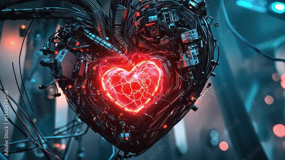 Poster futuristic heart structure made of wires and circuitry, illuminated with red light in a dark environ