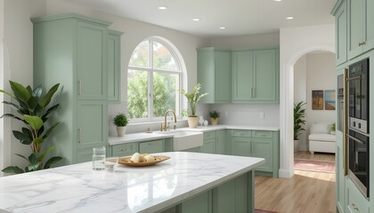 Quartz worktops, farmhouse sink, and mint green cabinets characterize this contemporary green kitchen design.  A modern, chic home with an arch window, indoor plants, a wooden floor, and a rug.