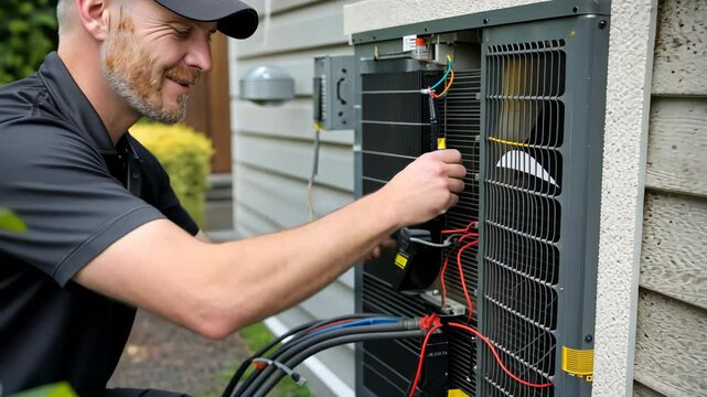 Technician performs routine maintenance on a home's air conditioning system in a quiet suburban area, ensuring it functions properly