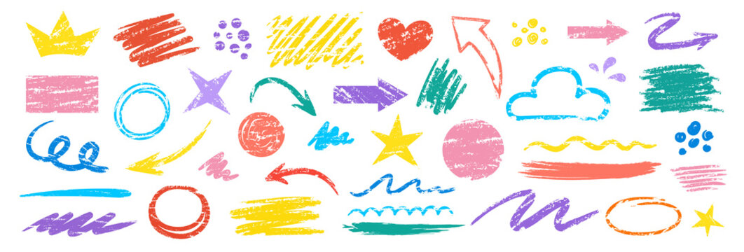 Crayon pencil hand drawn chalk doodles elements. Simple illustrations set. Pastel textured scribbles. Square, spiral, arrow elements and icons.