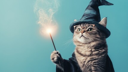 Fluffy Cat Dressed in a Wizard Hat with Trendy Glasses Holding a Magic Wand in an Enchanting Pose