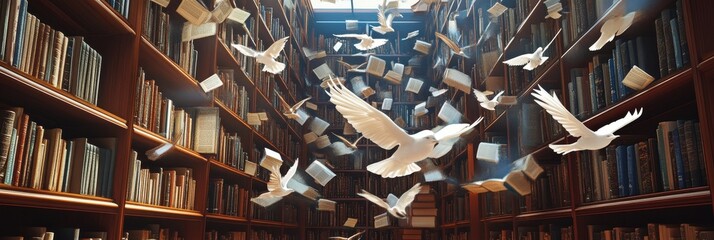 Birds fly through a library with tall shelves full of