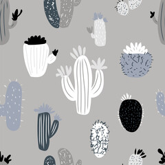Seamless pattern with hand drawn cactus. Cute colorful print. Vector illustration.