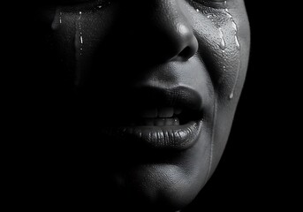 A woman's anguished face, tears streaming down, mouth open in silent sorrow, stark black and white portrait.