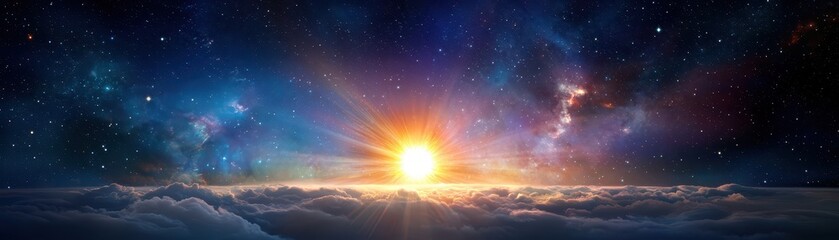 Fototapeta premium Celestial sunrise over clouds vast universe digital art cosmic environment wide-angle view spiritual journey