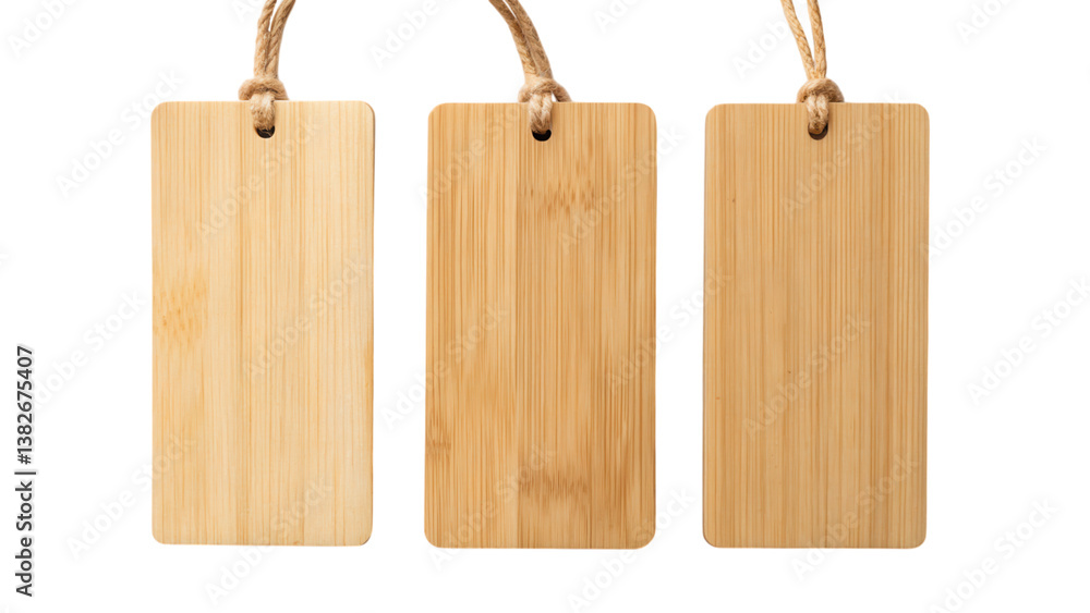Aufkleber three bamboo tags with a natural finish, each featuring a string for attachment, showcasing their sm