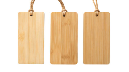 Three bamboo tags with a natural finish, each featuring a string for attachment, showcasing their smooth surfaces and rectangular shapes.