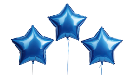 Three shiny blue star balloons with tails, prominently displayed.