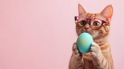 Fashionable Cat Wearing Trendy Glasses with pastel Egg Against Soft Pink Background
