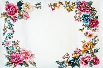 Intricate floral embroidery forms a delicate frame on a white fabric background.