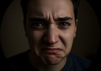 Obraz premium A young man's face contorted in silent sorrow, tears tracing paths down his cheeks, a portrait of profound sadness under dramatic low lighting.
