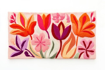 Vibrant floral embroidery on pink fabric, showcasing colorful stylized flowers and leaves.