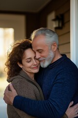 A man and woman hug each other on a porch. The man has a beard and gray hair. They are both smiling