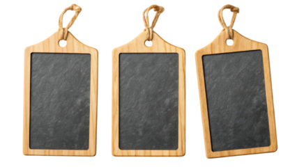 Three wooden slate tags with hanging twine, designed for labeling or decorative purposes.