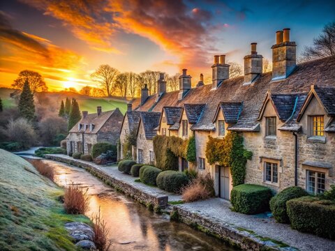 Frosty Morning Silhouette: Arlington Row Cottages, Bibury, Cotswolds